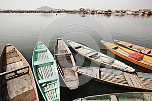 Shikaras in a lake, Dal Lake, Srinagar, Jammu And Kashmir, India photo