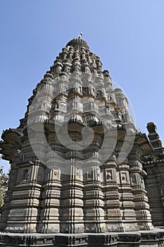 Shikhara details, sangameshwar temple from the period of Peshwas in basalt stone masonry at Saswad, Pune photo