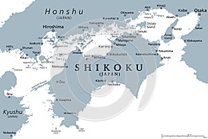 Shikoku, gray political map, region and smallest main island of Japan