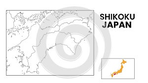 Shikoku Map. Outline state map of Shikoku. Political map of Shikoku with a black and white design.1