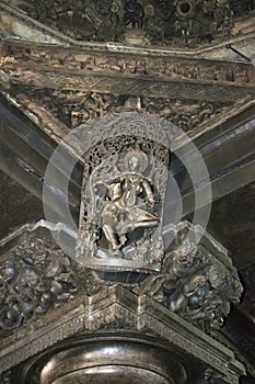 Shilabalika, celestial maiden, Natya Rani Shantala devi on top of the pillars inside the main hall. Chennakeshava temple, Belur, K photo