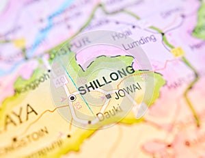 Shillong on a map of India with blur effect