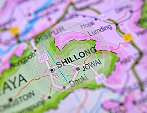 Shillong on a map of India with blur effect