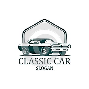 Shilouette classic car with emblem logo vector