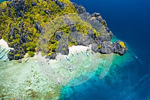 Shimizu Island, El Nido, Palawan, Philippines. Beautiful aerial view of tropical island, sandy beach, coral reef and