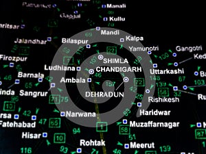 shimla Chandigarh and dehradun city name displayed on geographic map in India