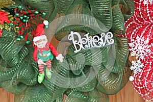 Shimmer Christmas Wreath Decoration with Shelf Elf and Believe Cutout