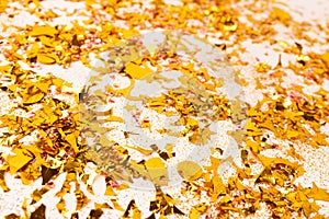 Shimmer gold colored confetti and glitter scattered on a beige background.