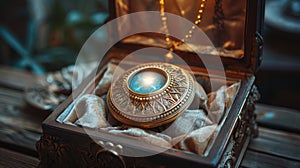 mystical amuletlore, a shimmering amulet in a velvet-lined box, cherished for its mystical importance photo