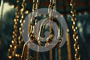 Shimmering closeup of golden chain links from a carousel, with a bokeh background