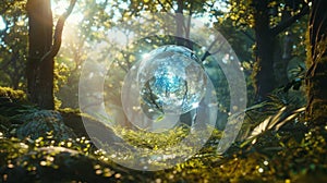 A shimmering crystal orb engraved with everevolving Hermetic symbols floating above a lush forest. Within the orb