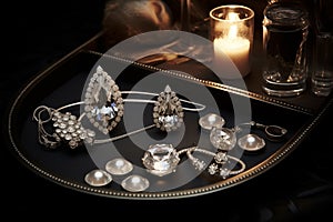 Shimmering diamond jewelry arranged on velvet-lined tray. Generative AI