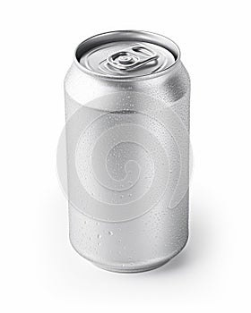 Shimmering Elixir: 330ml Aluminum Soda Can with Water Drops on White Background
