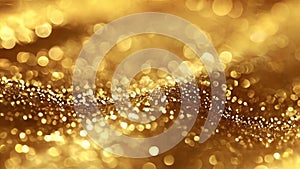 Shimmering gold particles and blurred lights creating festive abstract texture. Golden background