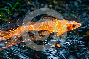 Shimmering Golden Koi Fish Gliding Gracefully in Serene Pond Water With Sunlight Sparkles