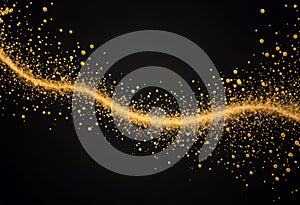 A shimmering, golden wave pattern flows over a dark background with sparkling particles. Product package design. Abstract and