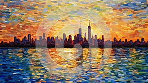 Shimmering Gotham: A Colorful Mosaic of Manhattan's Skyline at Sunset
