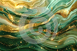 Shimmering green and gold satin textures with sparkling glitter creating an opulent background