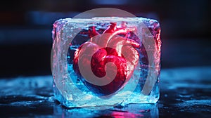 Shimmering heart frozen in glowing ice cube photo