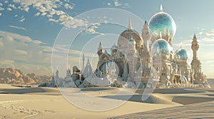A shimmering mirage of a crystal palace rising from the sand beckoning the questers with promises of untold riches and