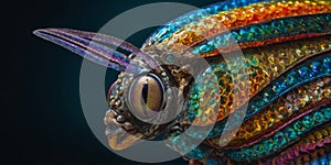 A shimmering, otherworldly insectoid fishlike creature, its every feature a symphony of colors and patterns that seem to photo