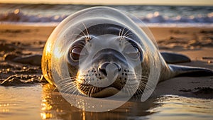 Shimmering Sands: A Hawaiian Monk Seal Beneath the Sunset Glow photo