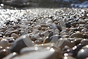Shimmering sun glares on pebble seabed
