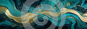 Shimmering Teal and Blue Paint Swirls with Glowing Gold Glitter, Banner, generative AI