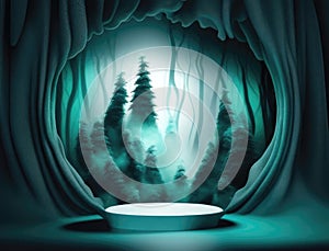 shimmering trickle of wavering fog curling through an emerald forest. Podium, empty showcase for packaging product