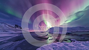 The shimmering white snow contrasting against the deep shades of purple and green from the Northern Lights dancing above