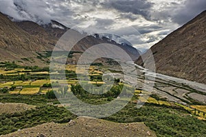 Shimshal village located on the river valley of the same name at the beginning of the alpine roads to the high peaks of over 6000,