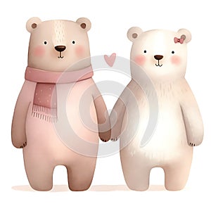 watercolor Cute couple of polar bears in love isolated on white background.