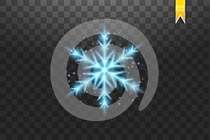 Shine blue snowflake with glitter isolated on transparent background. Christmas decoration with shining sparkling light