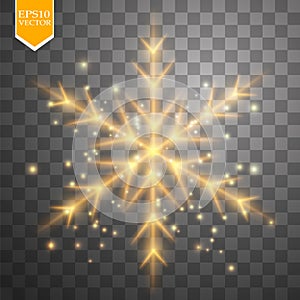 Shine gold snowflake with glitter on transparent background. Christmas decoration with shining sparkling light