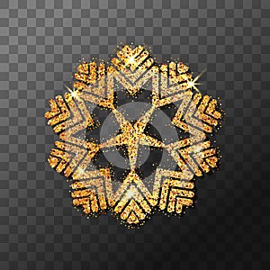Shine golden snowflake with glitter and sparkle on transparent background. Christmas decoration with shining sparkling