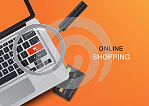 Shine a magnifying glass over a dark orange keyboard with a shopping cart icon