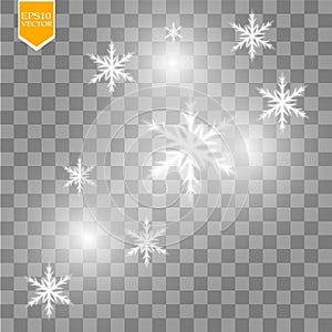 Shine white snowflake with glitter isolated on transparent background. Christmas decoration with shining sparkling light