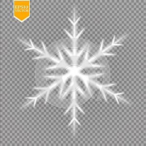 Shine white snowflake with glitter on transparent background. Christmas decoration with shining sparkling light