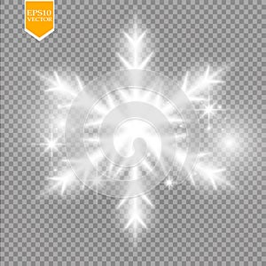 Shine white snowflake with glitter on transparent background. Christmas decoration with shining sparkling light