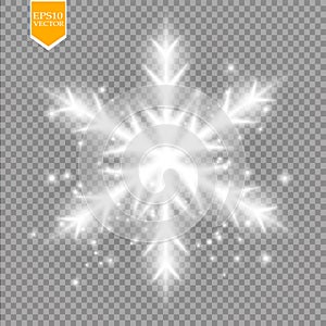 Shine white snowflake with glitter on transparent background. Christmas decoration with shining sparkling light