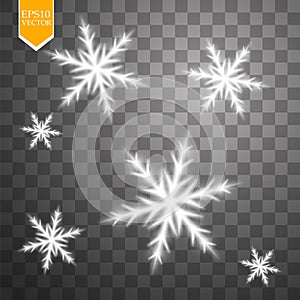 Shine white snowflake with glitter on transparent background. Christmas decoration with shining sparkling light