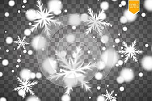 Shine white snowflake with glitter on transparent background. Christmas decoration with shining sparkling light