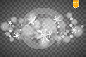 Shine white snowflake with glitter on transparent background. Christmas decoration with shining sparkling light