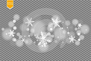 Shine white snowflake with glitter on transparent background. Christmas decoration with shining sparkling light