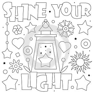 Shine your light. Coloring page. Vector illustration of a lantern and stars