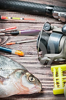 Shing tackle and fished bream on a wooden table.