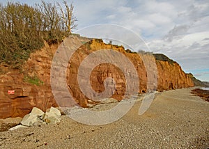 The shingle beach at Sidmouth in Devon with the red sandstone cliffs of the Jurassic coast in the background