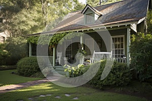 shingle-roofed house with shady porch and rockers on the lawn