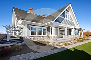 shingle and stone home with white trimmed windows, clear sky