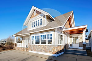 shingle and stone home with white trimmed windows, clear sky